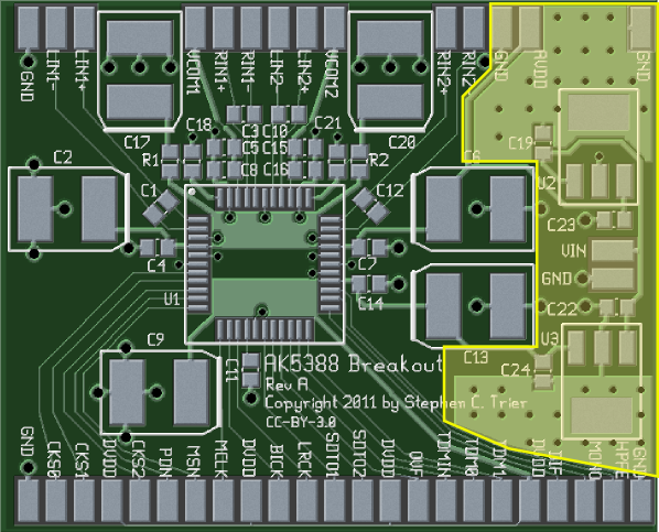 The AK5388 breakout board with the power supply location highlighted.