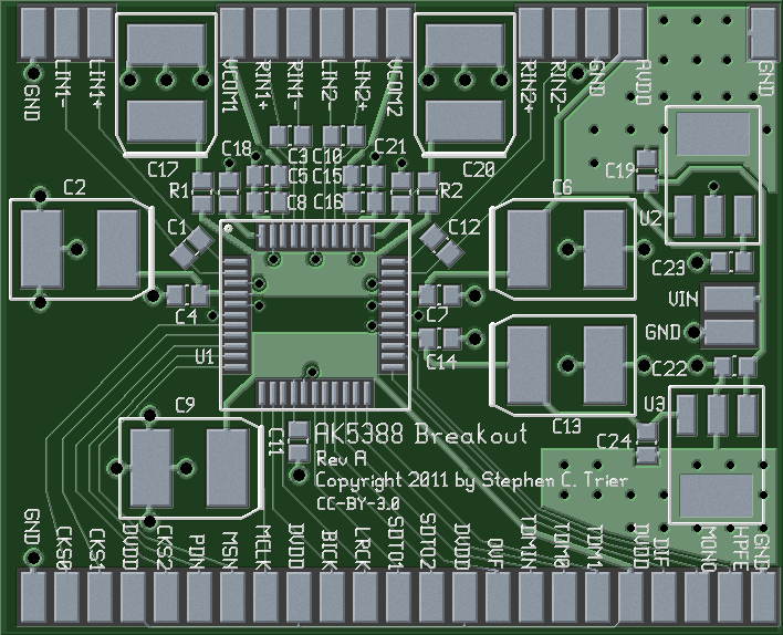 Photorealistic view of AK5388 breakout board, top side