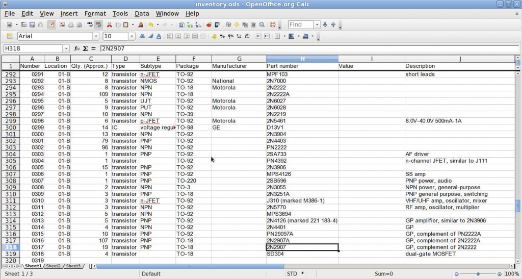 Screenshot of inventory spreadsheet